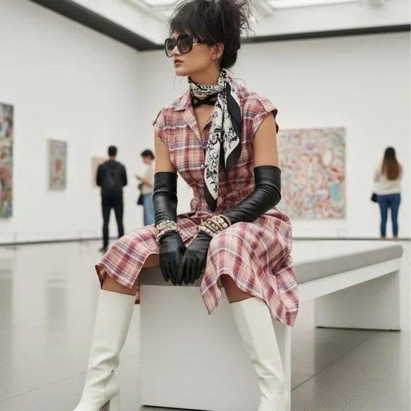 Vintage 70s Plaid Shirtwaist Dress Midi Dagger Collar Belted M Cottagecore - Picture 4 of 9